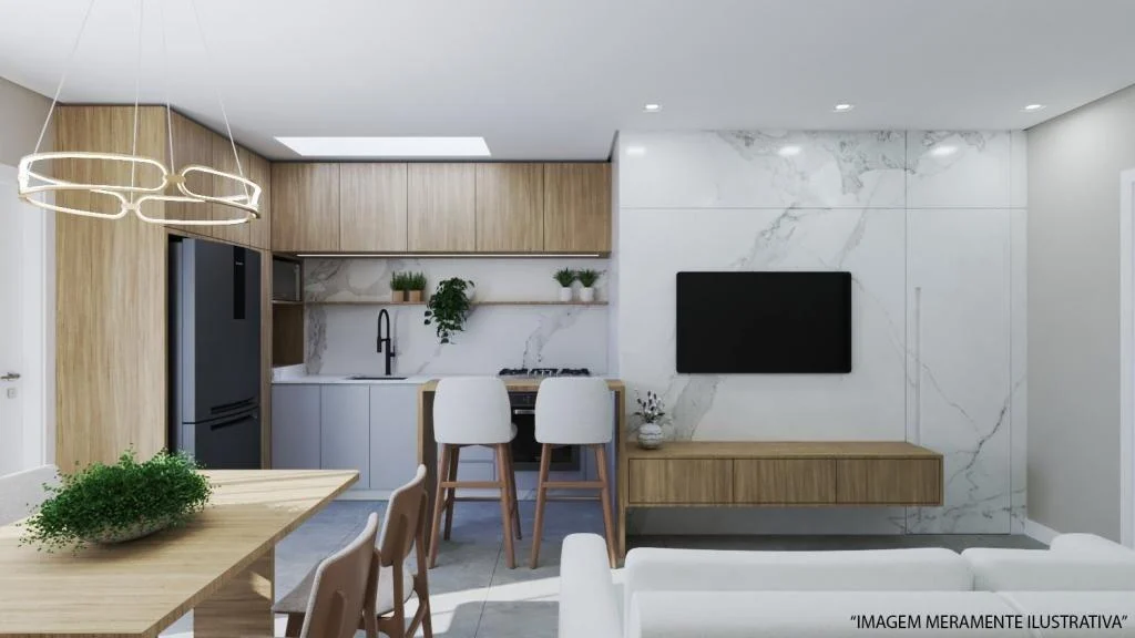 Sala e cozinha integradas no modelo padrão de 57m² — geminado no Itinga